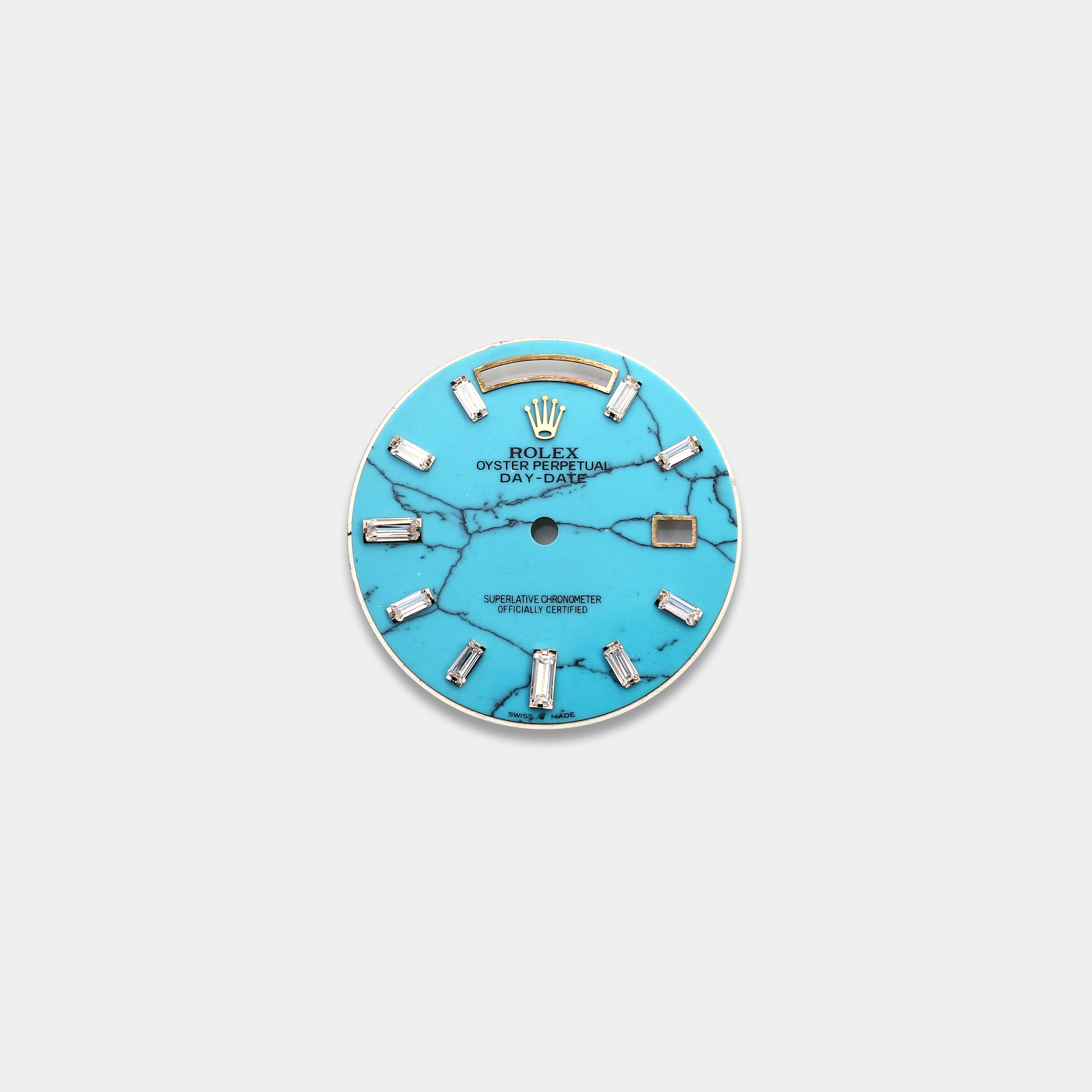 롤렉스 데이데이트 40MM 커스텀다이얼 터콰이즈(Turquoise) 다이얼 옐로골드용 바게뜨 다이아 인덱스